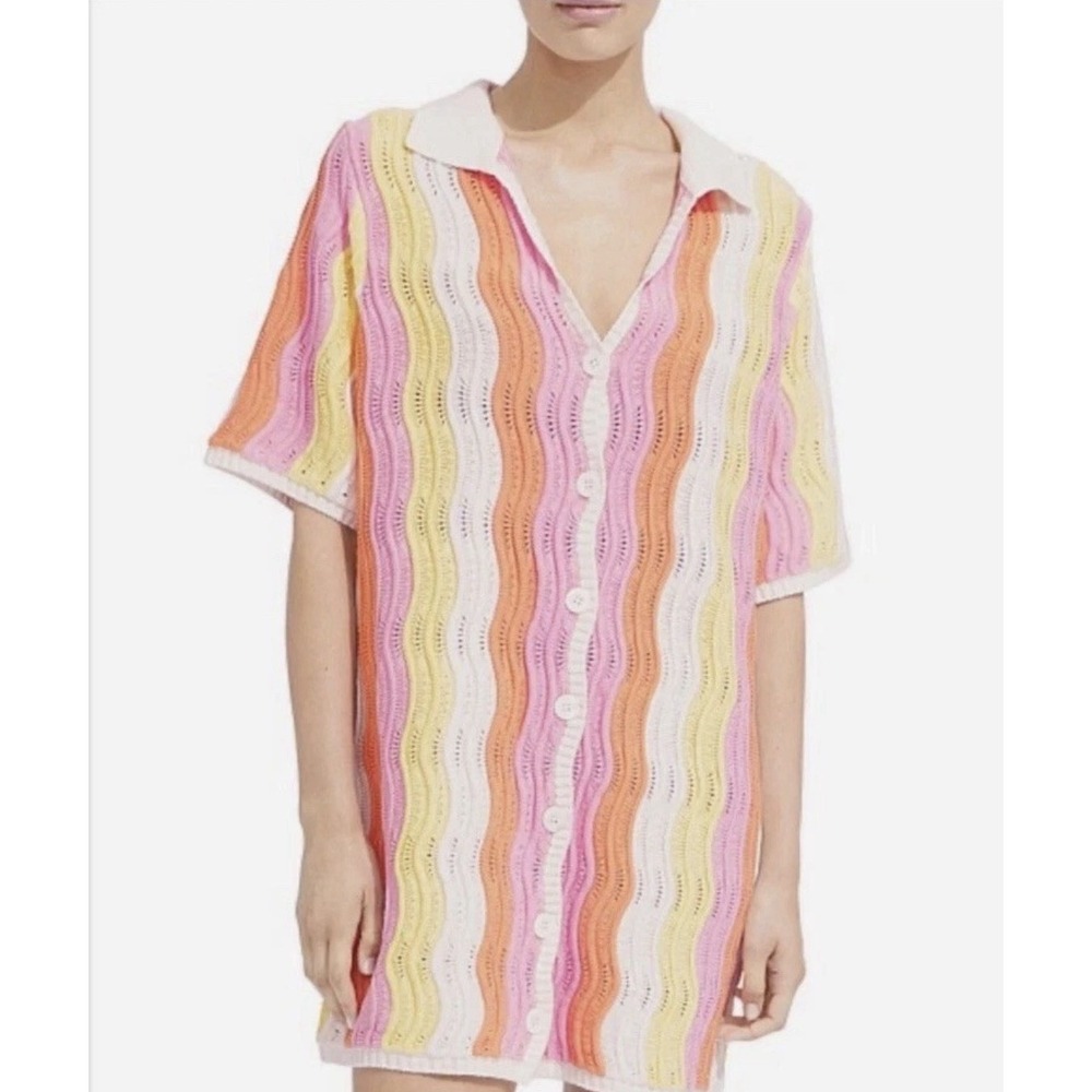 Steele Julio Polo Knit Dress One Size Crochet Mini Shirt Stripe Rainbow Designer